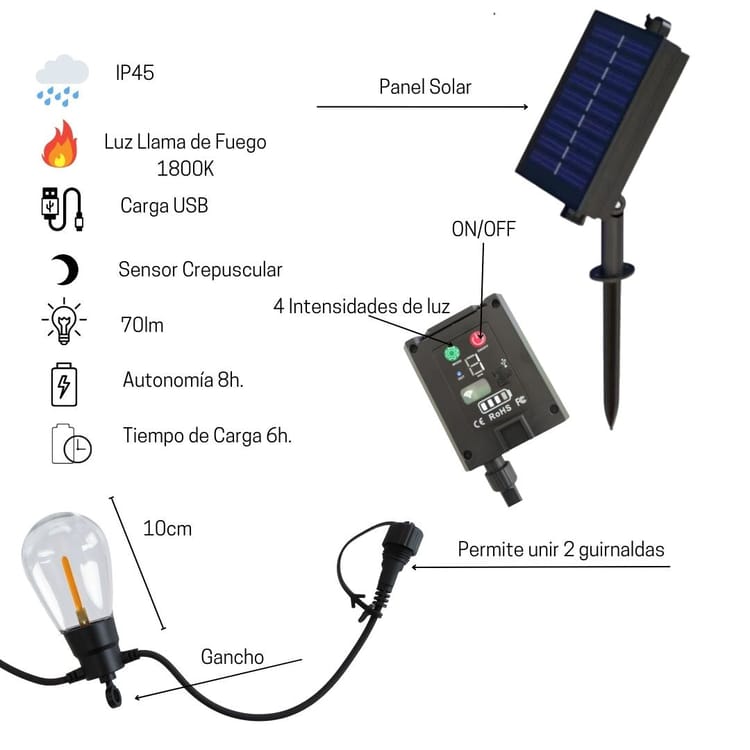 Guirnalda Solar Led 5m con 10 Bombillas Luces Efecto Llama Fuego